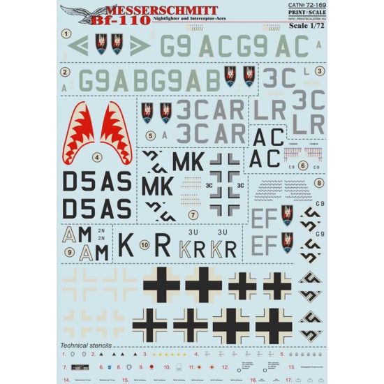 1/72 Wet Decals - Messerschmitt Bf 110 Night Fighter and Interceptor Aces