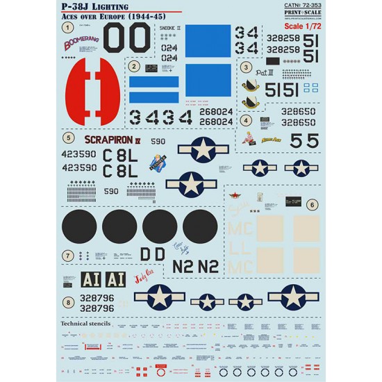 Decals for 1/72 Lockheed P-38J Lighting Aces over Europe 1944-1945