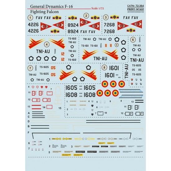 Decals for 1/72 General Dynamics F-16 Fighting Falcon Venezuela/Indonesia/Romania