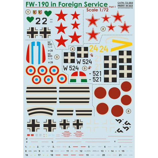 Decals for 1/72 Focke-Wulf FW-190 in Foreign Service