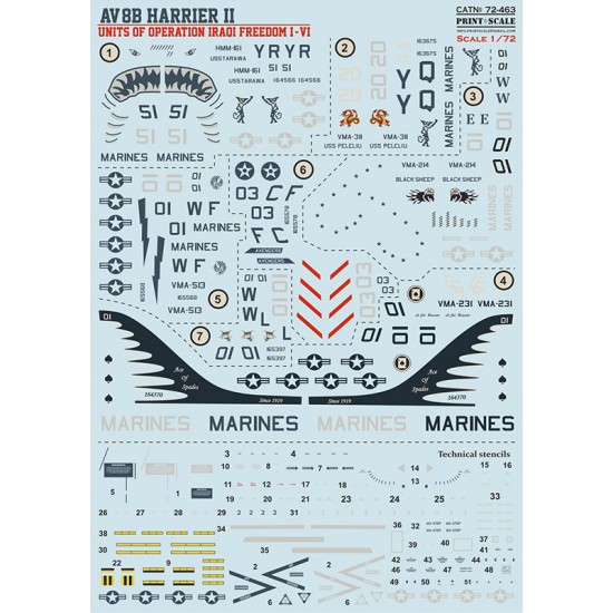 Decals for 1/72 McDonnell Douglas AV-8B Harrier, Units operation Iraqoi Freedom I-VI