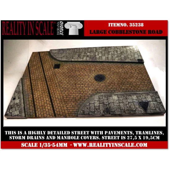 1/35 Large Cobblestone Road with Sidewalks, Manhole Covers & Drains and Tram rails