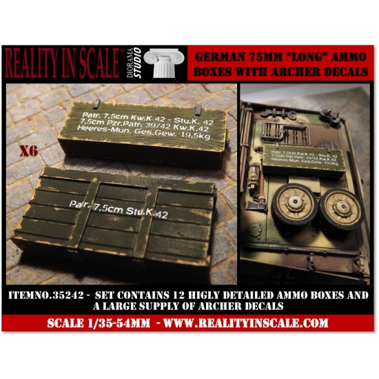 1/35 German 75mm Long Ammo Boxes (12 resin pieces and Archer decals)