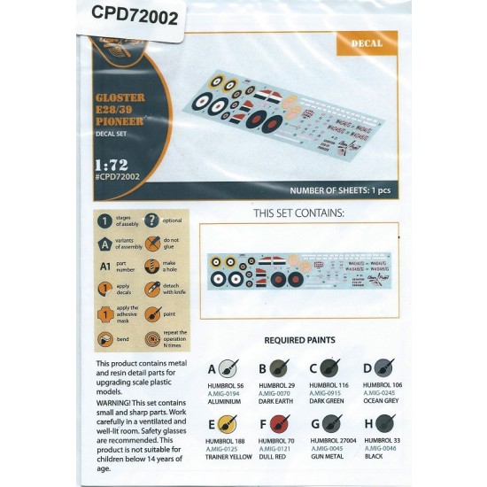 1/72 Gloster E28/39 Pioneer Decal set