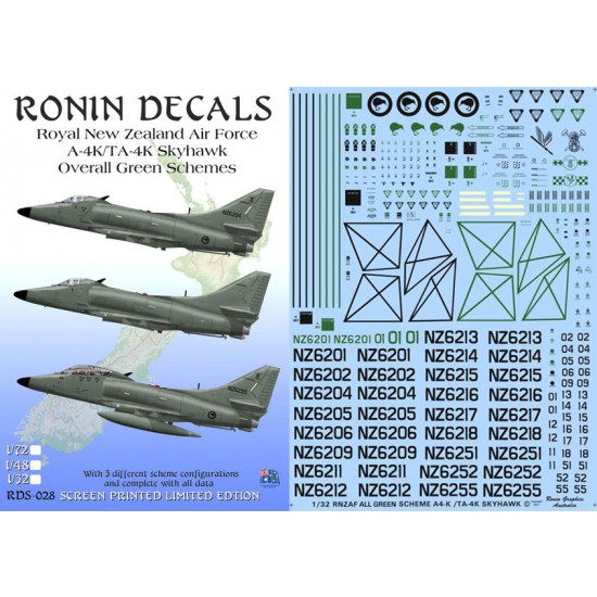1/48 RNZAF A-4/TA-4K Green Scheme Skyhawks Decals for Hasegawa/Hobbycraft kits