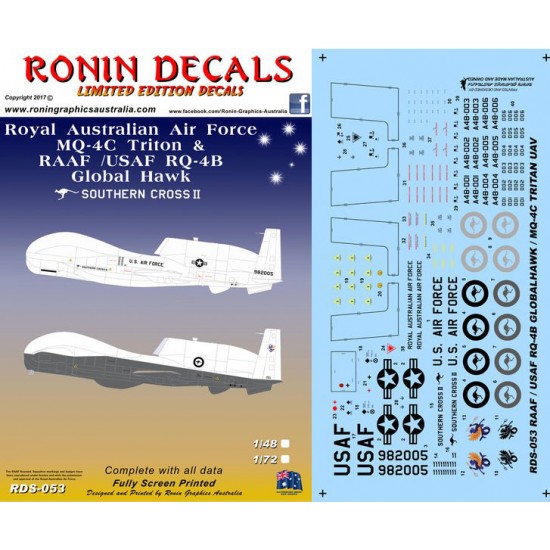 Decals for 1/48 RAAF/USAF RQ-4B Globle Hawk & RAAF MQ-4C Tritan Southern Cross II