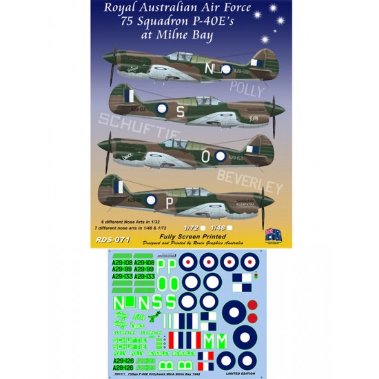 Decals for 1/72 Royal Australian Air Force 75 Squadron P-40E's at Milne Bay