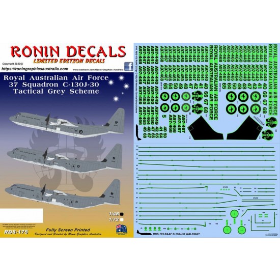 1/48 RAAF 37 Squadron C-130J-30 Tactical Grey Scheme Decals for Italeri kits