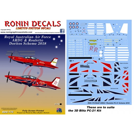 1/72 RAAF ARDU & Roulette Doritos Scheme 2018 Decals for 3D Blitz PC-21 kit