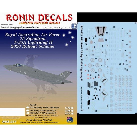1/72 RAAF 75 Sqn F-35A Lightning II 2020 Decals for Academy kits