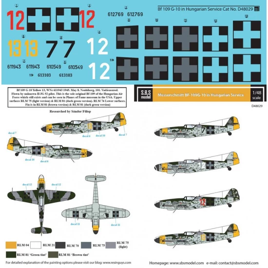 Decals for 1/48 WWII Messerschmitt Bf-109 G-10 in Hungarian Service