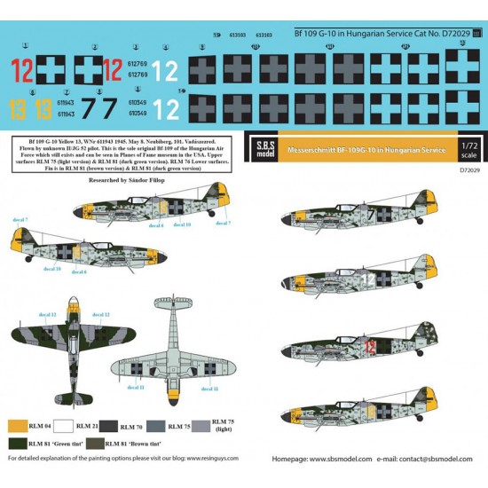 Decals for 1/72 WWII Messerschmitt Bf-109 G-10 in Hungarian Service