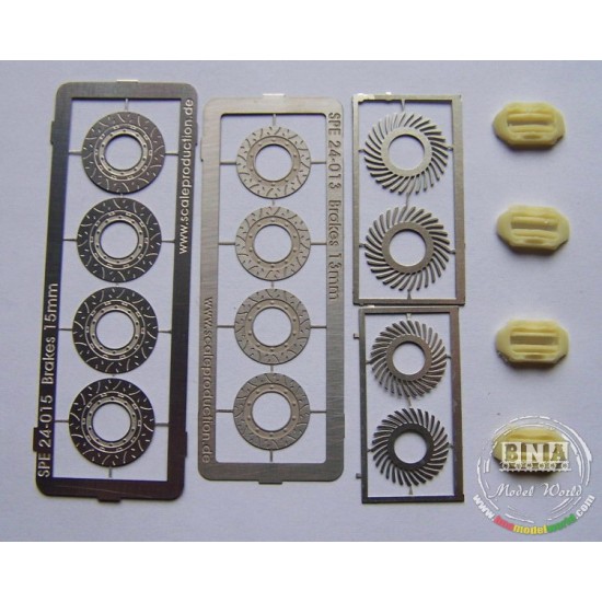 1/24 Slotted Brake Disc set 15mm + 13mm with 4 Brake Calipers