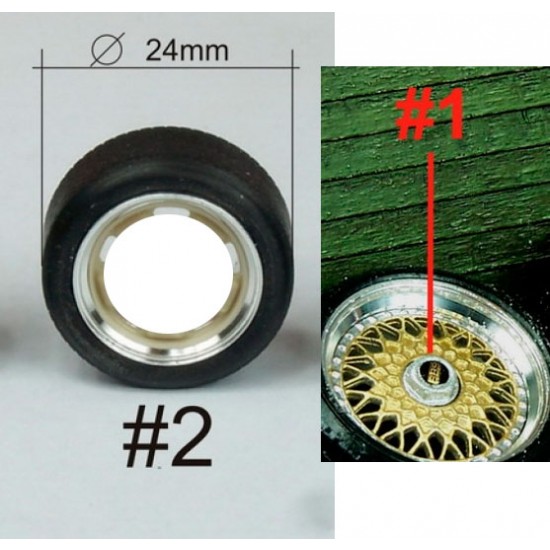 1/24 16" BBS RS Wheels (4pcs) w/ #1 Hexagon Central Wheel Hub Nut & #2 Tyres