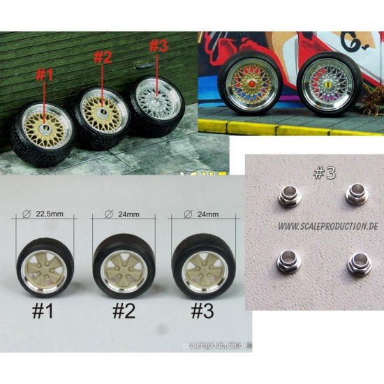 1/24 1/25 16" BBS RM Wheels with #1 Hexagon Hub Nut & SemiSlick Dunlop Tyres