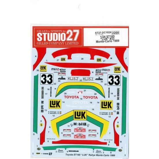 1/24 Toyota Celica GT-FOUR ST165 "LUK" #33 Monte-Carlo 1989 Decals for Aoshima kit