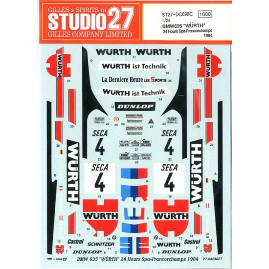 1/24 BMW 635CSi Wurth #4 24 Hrs. Spa 1984 Decals