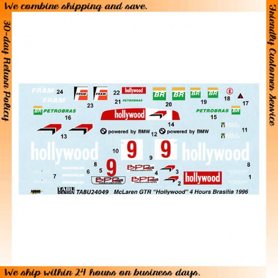 Decals for 1/24 McLaren F1-GTR #9 "Hollywood" 4Hours Brasilia 1996 (Short Tail)