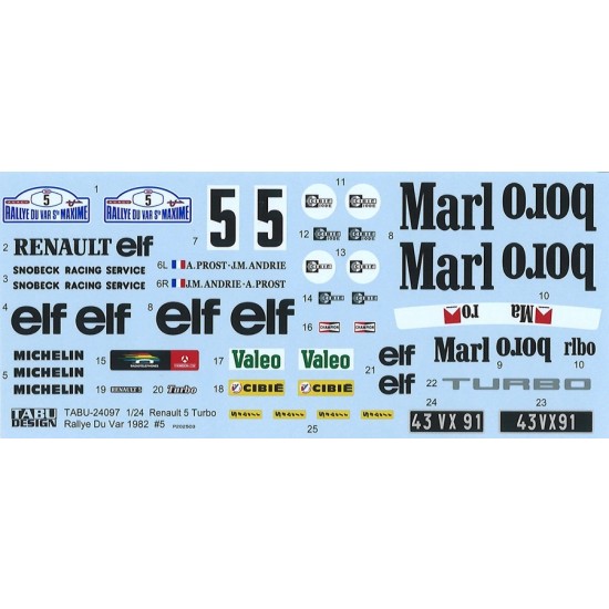1/24 5 Turbo #5 Rakkye Du Var (1982) Decal for Tamiya kit