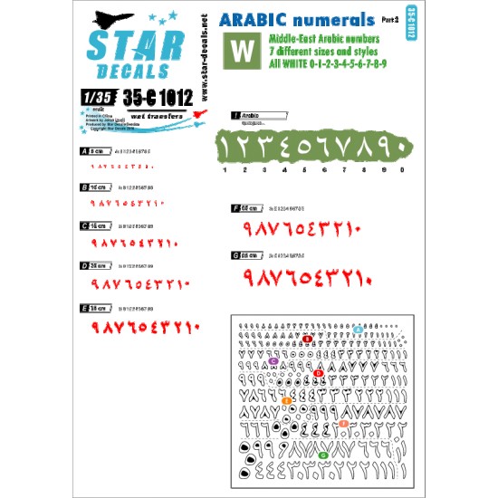 1/35 Arabic Numerals #2 - Generic White Numbers 0-9 in 7 Sizes and Styles
