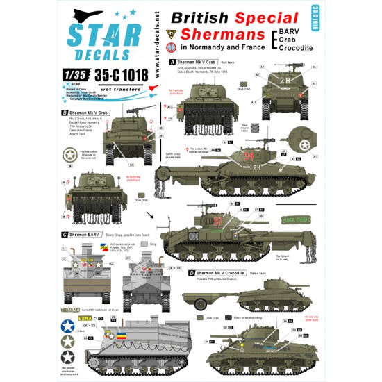 1/35 Decals for British Special Shermans - BARV, Crab and Crocodile in Normandy and France