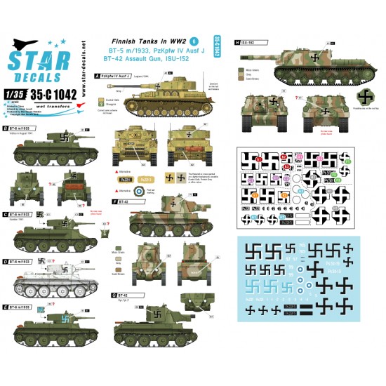 Decals for 1/35 Finnish Tanks (6) - BT-5, BT-42 Assault Gun, ISU-152, PzKpfw IV Ausf J