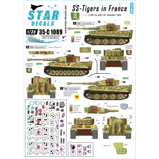Decals for 1/35 SS-Tigers in France Vol.1 - 1.Kompanie s.SS PzAbt 101 Normandy 1944