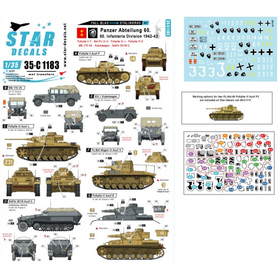 Decals for 1/35 Fall Blau and Stalingrad #1 60 Inf Div Pz II F, Pz III J, Pz IV E
