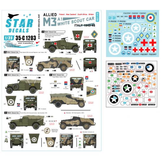 Decals for 1/35 Allied M3A1 White Scout Car Polish,NZ,South African,British M3A1s in Italy