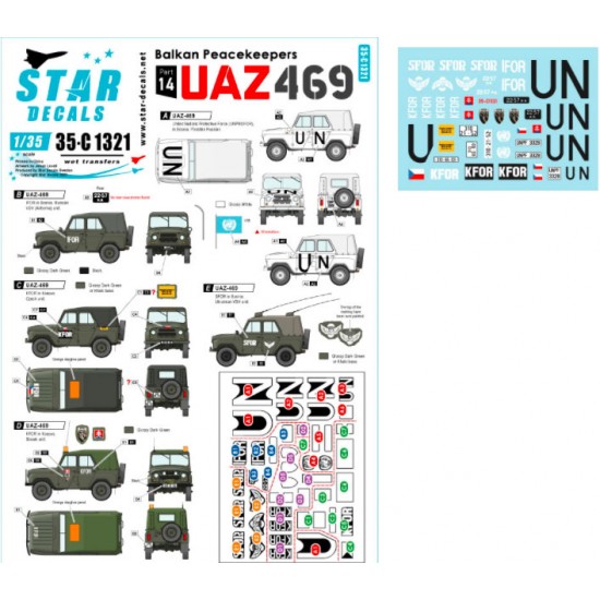 Decals for 1/35 UAZ-469 UN, IFOR, SFOR and KFOR markings in Bosnia and Kosovo