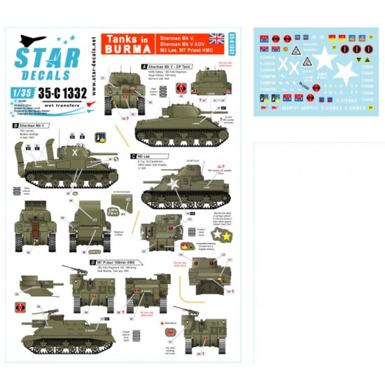 Decals for 1/35 Tanks in Burma British Sherman Mk V, Mk V AOP, M3 Lee, M7 Priest HMC