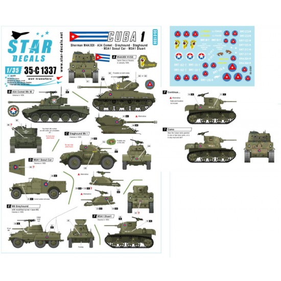 Decals for 1/35 Tanks & AFVs in Cuba #1 M4A3E8 Sherman, Comet, Staghound, Greyhound, M3A1