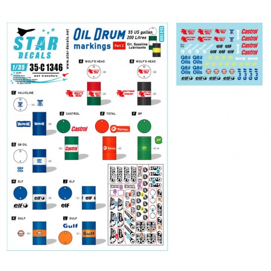 Decal for 1/35 Oil Drum Marking #2 Wolf's Head, Valvoline, Castrol, Q8 Oils, BP, Gulf