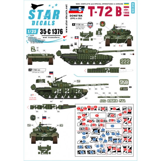 Decals for 1/35 War in Ukraine # 5. T-72B (1986) from the Donetsk Republic, in 2022
