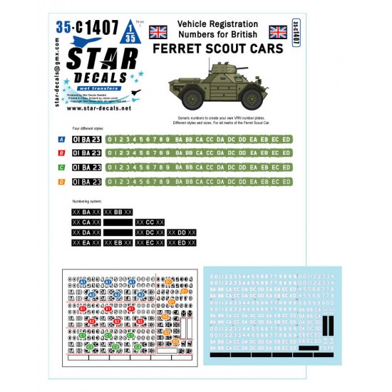 1/35 British Ferret Scout Car Decals - Vehicle Registration Numbers