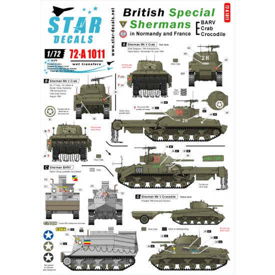 1/72 Decals for British Special Shermans in Normandy and France - BARV, Crab and Crocodile