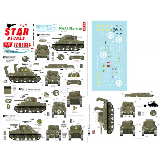 Decals for 1/72 US M4A1 Sherman. 75th-D-Day-Special.Normandy and France in 1944