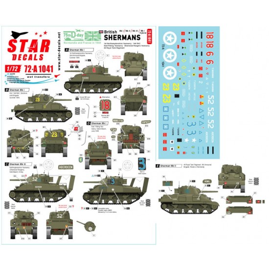 Decals for 1/72 British Shermans. 75th D-Day. Sherman Mk I / II / III / Mk I Hybrid