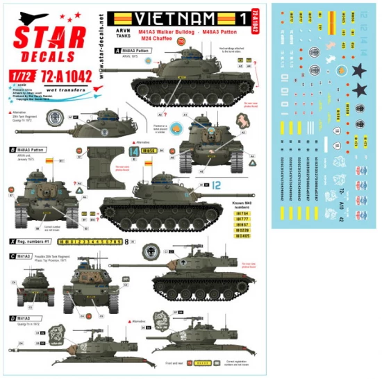 Decals for 1/72 Vietnam ARVN # 1. M24 Chaffee, M41 Walker Bulldog and M48A3 Patton