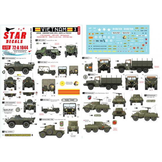 Decals for 1/72 Vietnam ARVN # 3. V-100 Commando, Greyhound and other AFVs