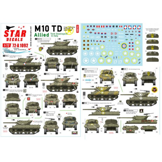Decals for 1/72 Allied Tank Destroyers in Italy. M10 TD. France, South Africa, NZ