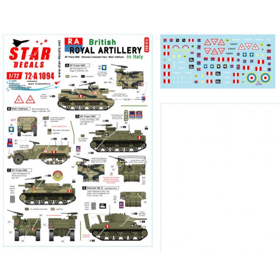 Decals for 1/72 British Royal Artillery in Italy M7 Priest HMC, Sherman, M3A1 Halftrack