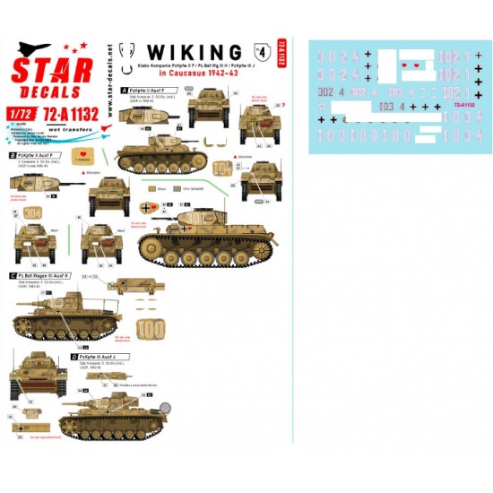 Decals for 1/72 Wiking # 4. Stabs kompanie Pz II F, Pz.Bef.Wg III H, Pz III J in Caucasus