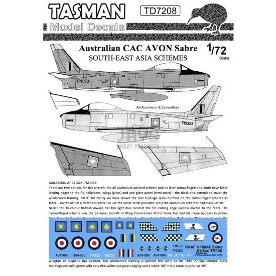 Decals for 1/72 Australian RAAF CAC Avon Sabre South-East Asia