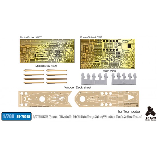 1/700 HMS Queen Elizabeth 1941 Detail-up Set w/Wooden Deck & Gun Barrel for Trumpeter