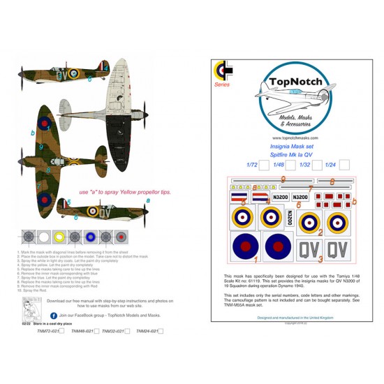 1/72 Spitfire Mk 1a QV - N3200 Dynamo 1940 Insignia Masks for Tamiya kits