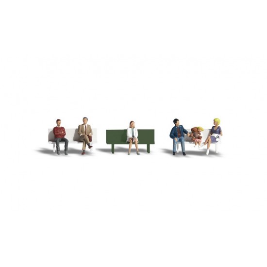 HO Scale Bus Stop People (3 men, 2 women, 1 kid, 1 bench) 