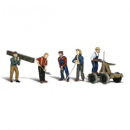 HO Scale Rail Workers (5 men, hand cart, tools, railroad ties)