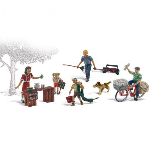 HO Scale Summertime Jobs (lemonade stand, 5 figures, dog)