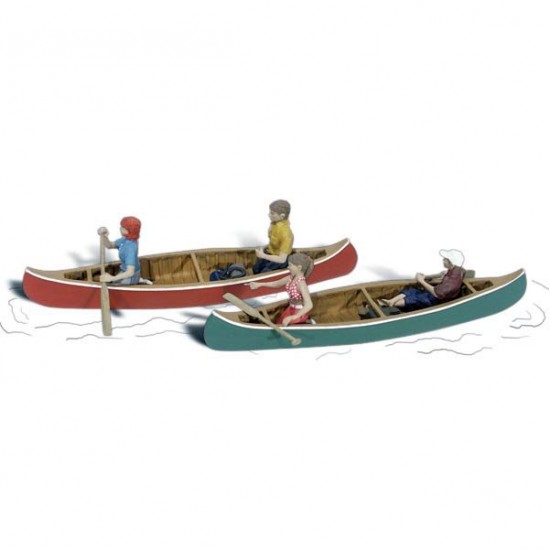 N Scale Canoers (2 couples, 2 canoes)